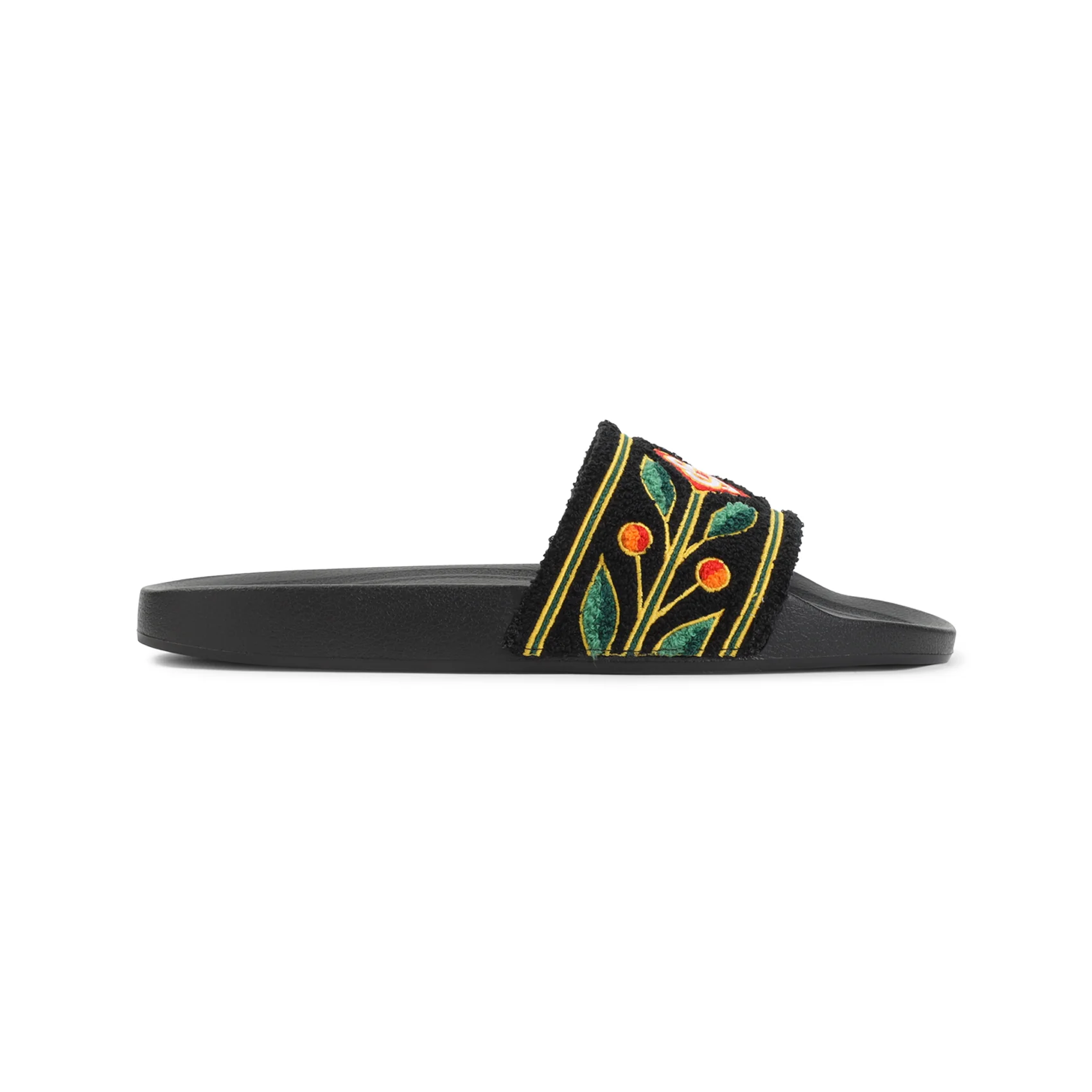 BLACK EMBROIDERED TERRY SLIDER SANDALS