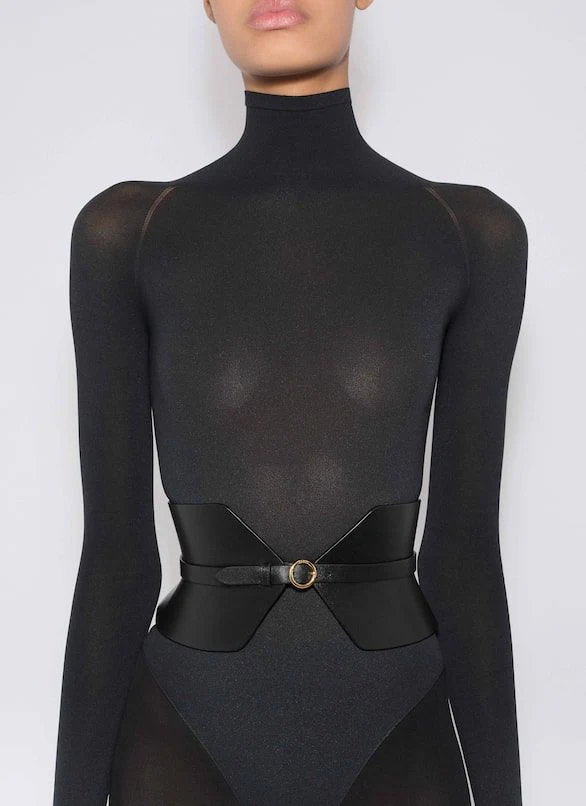 BLACK GLOSSY CALF LEATHER BUSTIER BELT - Image 2