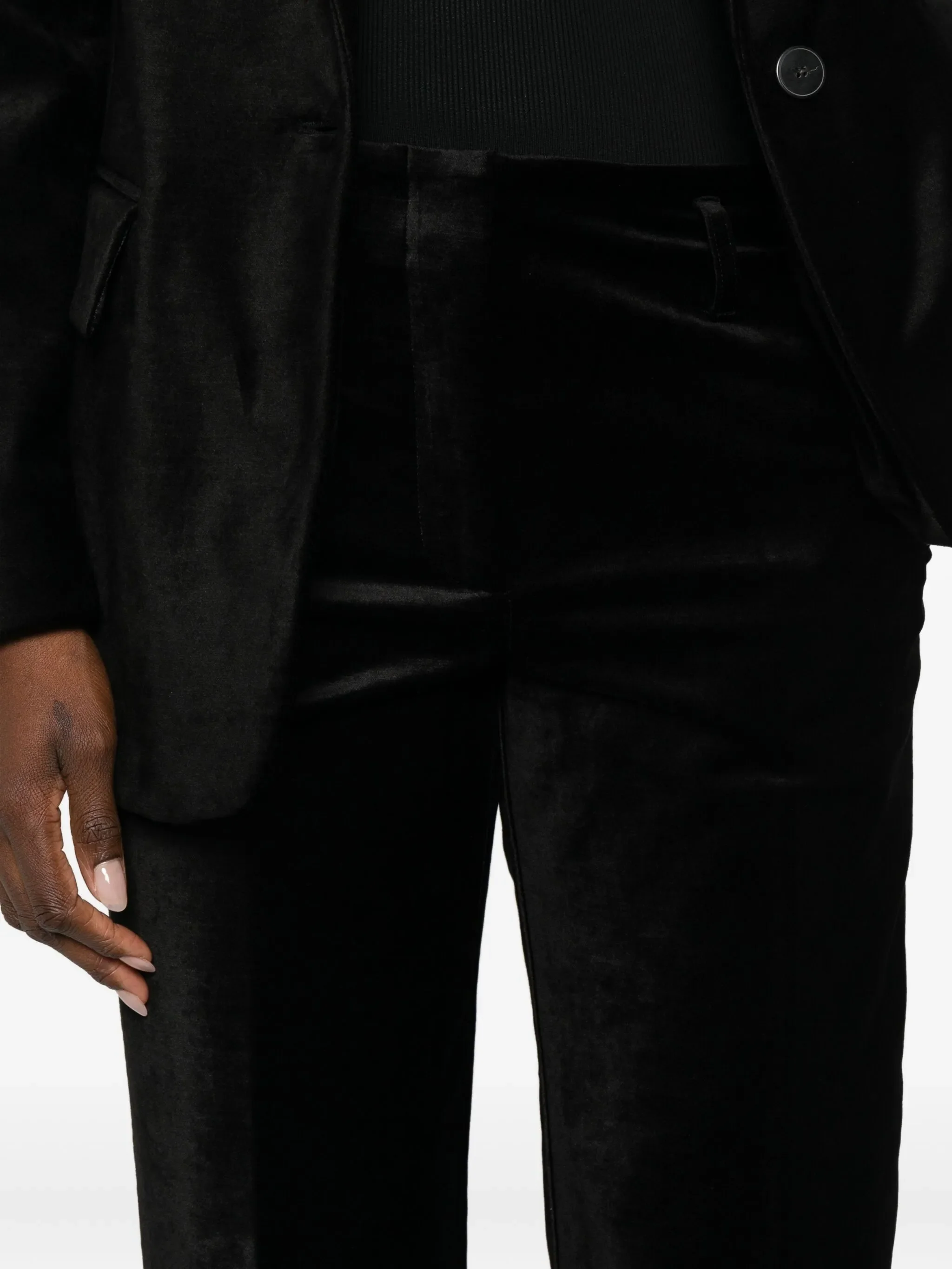 BLACK STRETCH VELVET FLARE PANTS - Image 2