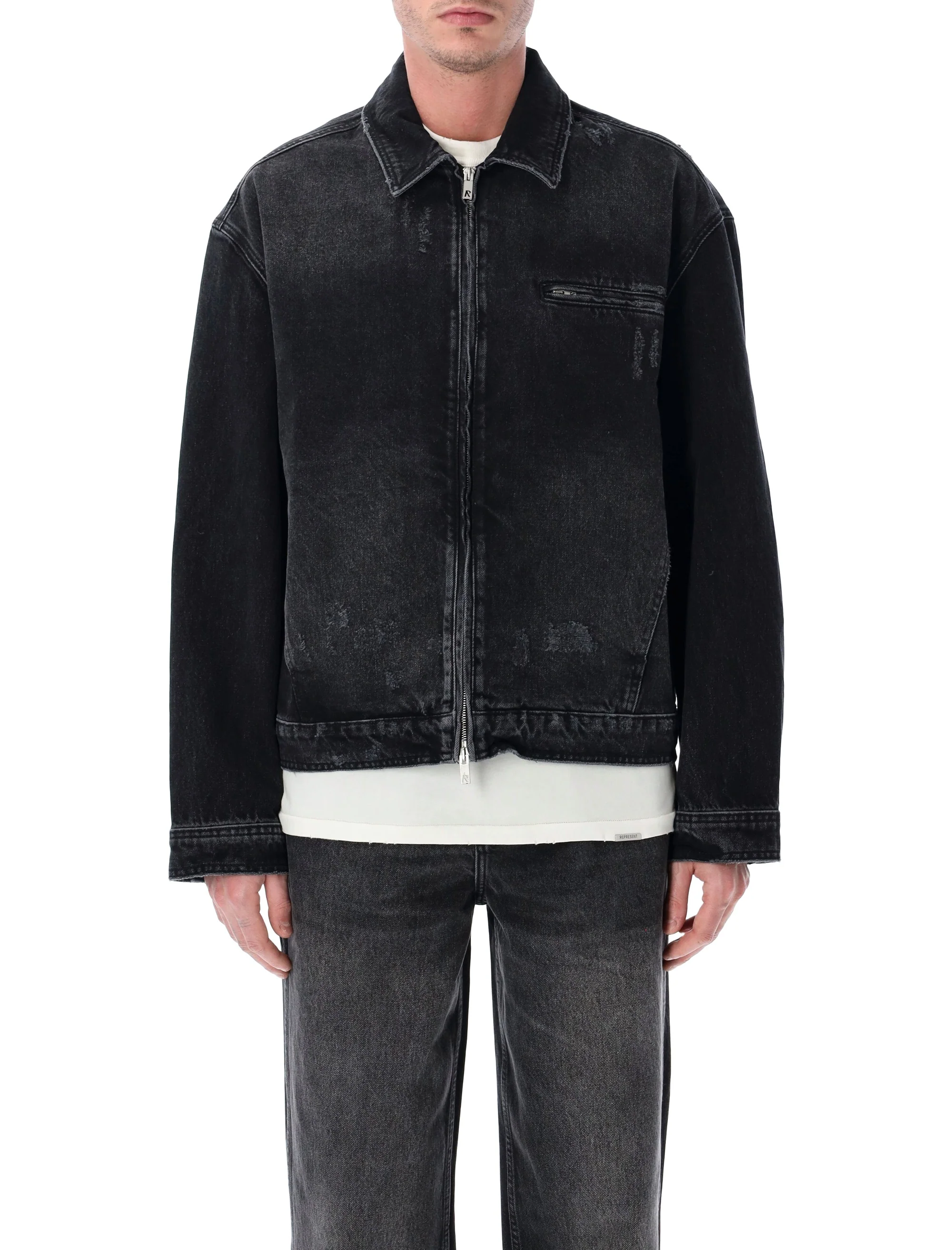 REPRESENT AGED BLACK COLLARED DENIM JACKET